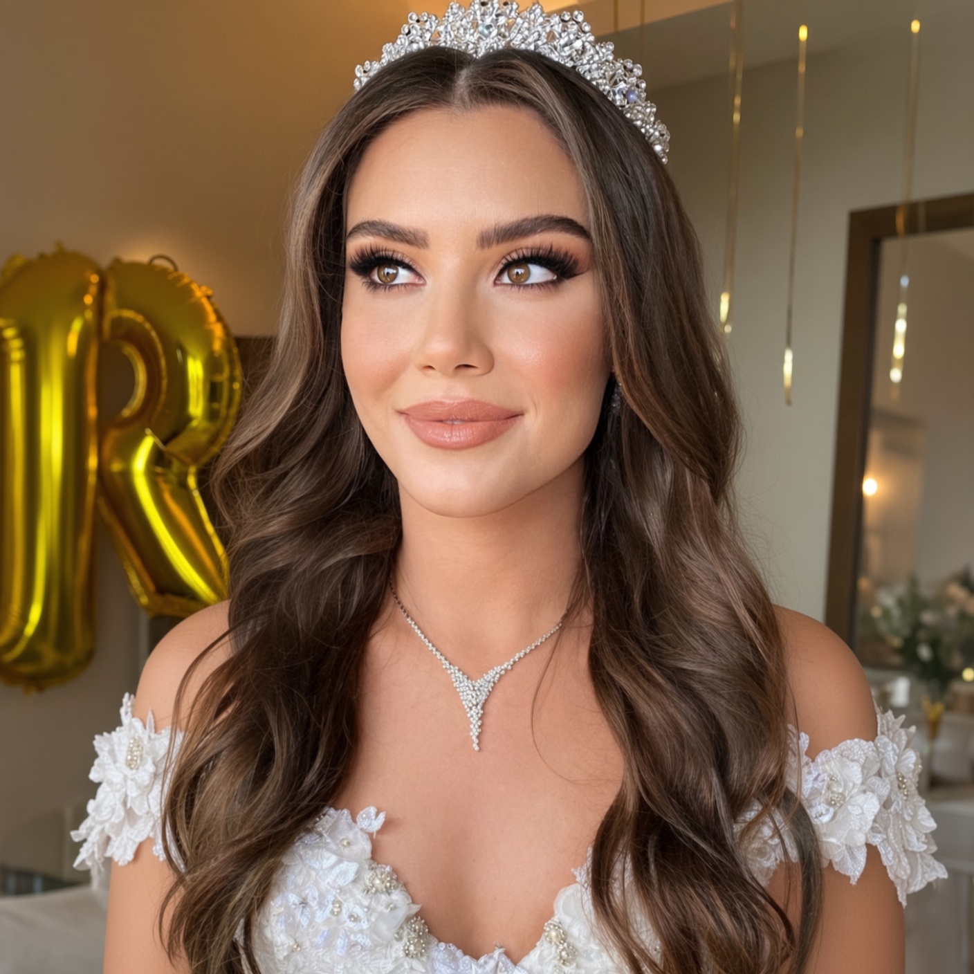 Bride with hair styled and a crystal tiara