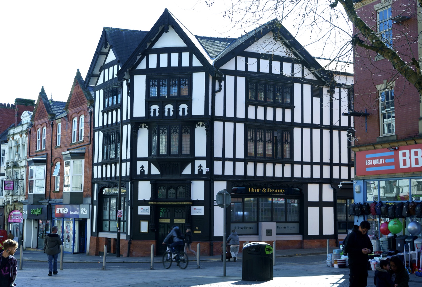 Bridge Street, Warrington, looking towards the black and white Tudor-style college building